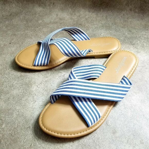 West Loop Womens Size 5/6 Blue White Slide Sandals Flats - Picture 6 of 8